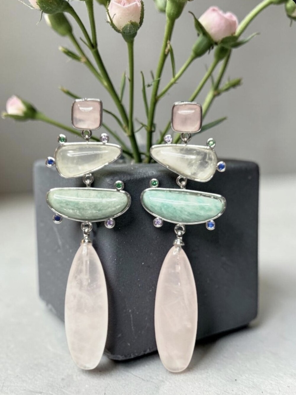 Breathtaking Silver Genuine Rose Quartz Amazonite Stone Crystal Dangle Earrings